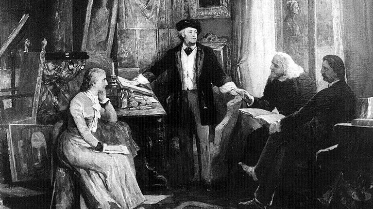 Richard Wagner mit Ehefrau und Schwiegervater Franz Liszt       -  Cosima und Richard Wagner mit Wagner-Schwiegervater Franz Liszt und Heinrich von Stein, einem Freund der Familie (von links, Gemälde von Wilhelm Beckmann).