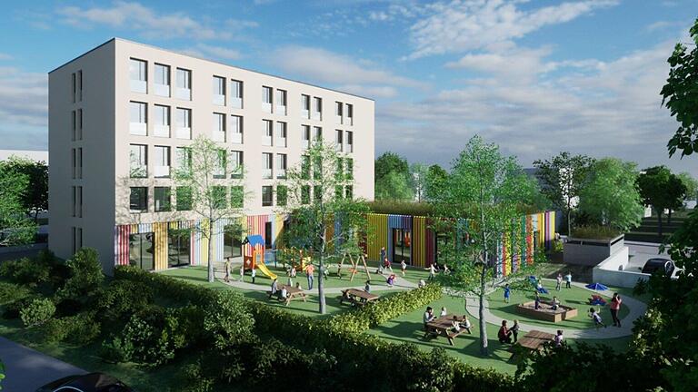 Die endgültige Gestaltung der Fassade steht noch nicht fest: Vorentwurf einer Kindertagesstätte im Kombination mit betreutem Wohnen im Quartier V am Hubland. Die endgültige Gestaltung der Fassade steht noch nicht fest: Vorentwurf einer Kindertagesstätte im Kombination mit betreutem Wohnen im Quartier V am Hubland.