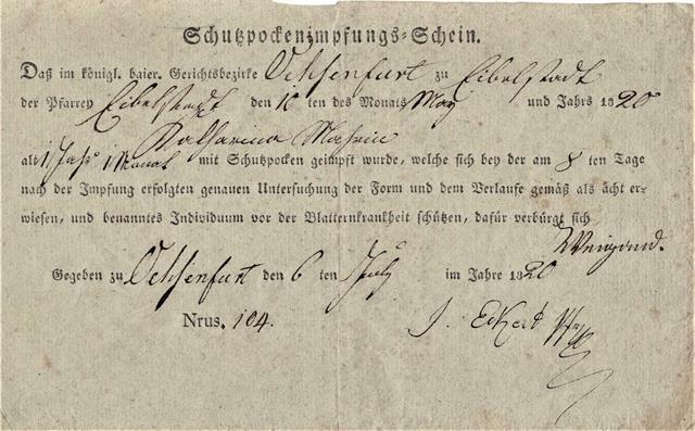 Ein Impfschein aus Eibelstadt vom 10. Mai 1820 (aus dem Stadtarchiv).