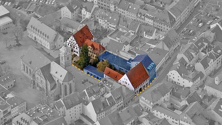 Das geplante Kulturforum am Martin-Luther-Platz. Die blau eingezeichneten Flächen werden abgerissen.