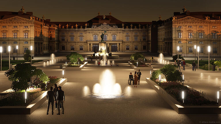 Michael Ehlers hat eine Vision in 3D geschaffen, wie der Residenzplatz aussehen könnte, wenn er kein vollständiger Parkplatz mehr wäre. Hier die Nachtansicht mit leuchtenden Stelen und illustren Wasserfontänen.