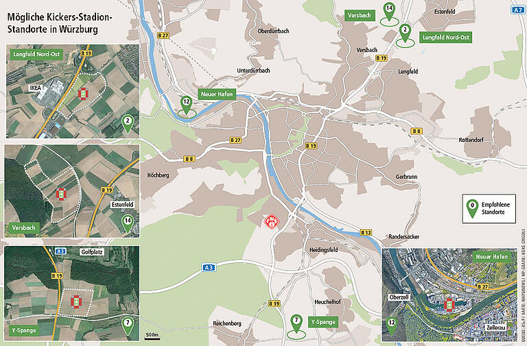 Diese fünf Standorte, das Kickers-Logo markiert den Standort Dallenberg, untersucht die Stadt. Diese fünf Standorte, das Kickers-Logo markiert den Standort Dallenberg, untersucht die Stadt.