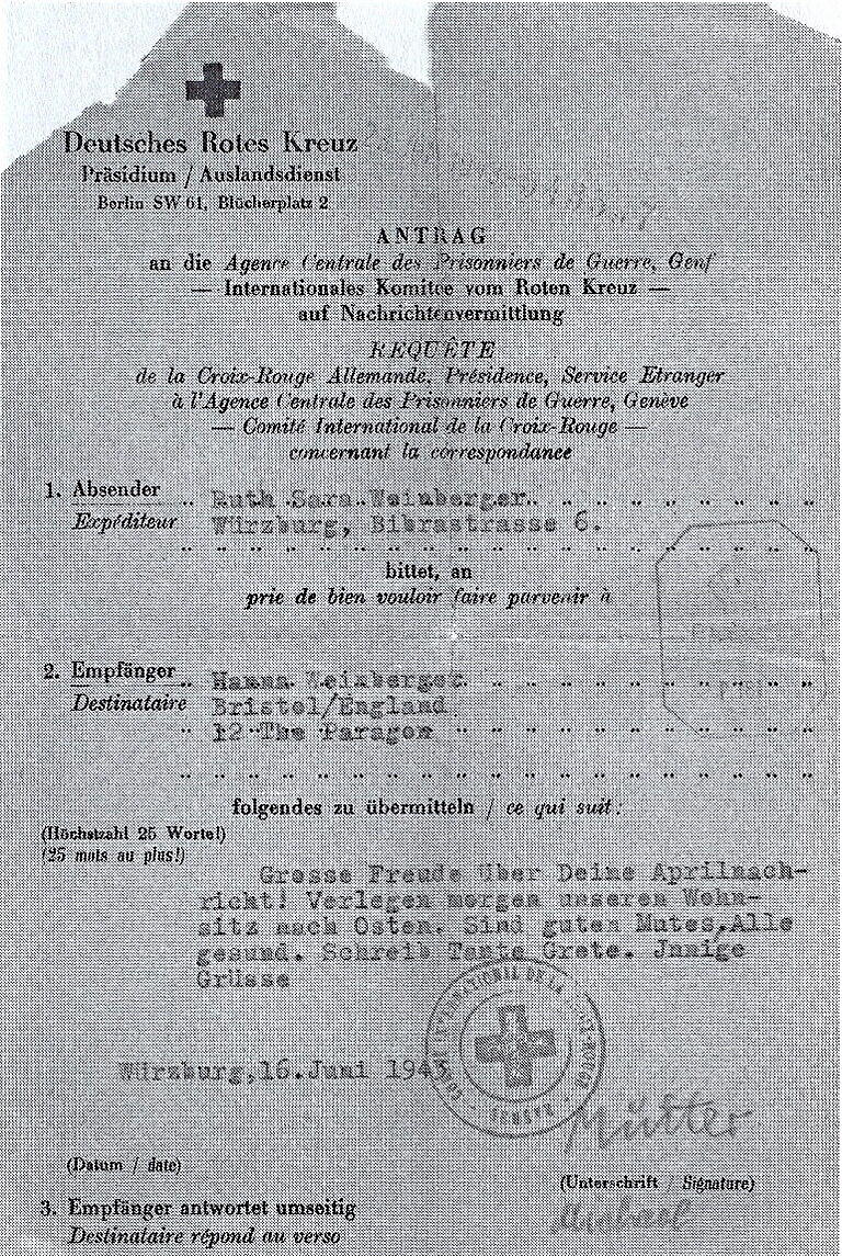 Letzter Brief von Ruth Weinberger an ihre Tochter Hannah, 16. Juni 1943 (aus: Hannah Hickman, Let One Go Free, Newark 2003, S. 53).