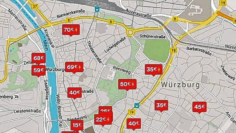 Airbnb       -  Die roten Fähnchen markieren die freien Wohnungen in Würzburg mit dem jeweiligen Preis für eine Nacht.