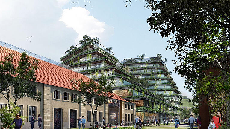 Die Pläne des Investors 'Grünes Stadttor Würzburg' sehen eine umfangreiche Bebauung hinter der Halle vor. Foto-Simulation: Grünes Stadttor Würzburg GmbH Die Pläne des Investors 'Grünes Stadttor Würzburg' sehen eine umfangreiche Bebauung hinter der Halle vor. Foto-Simulation: Grünes Stadttor Würzburg GmbH