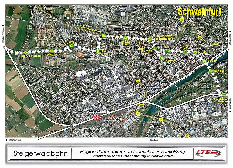 Skizze einer möglichen City-Bahn in Schweinfurt.