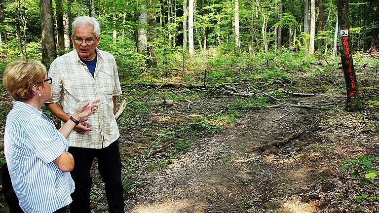 Bei einer Begehung am 23. Juli fanden die zuständige Betreuerin des Steigerwald-Panoramawegs, Waltraud Steinmetz, und der Seniorchef des von vielen Wanderern als Anlaufpunkt genutzten Neuhäuser „Hexenhäusle“, Wolfgang Groeger, nur schwer Worte dafür, wie es zu diesem Zeitpunkt im Bereich des Wanderwegs oberhalb von Neuhausen im Staatswald aussah. Bei einer Begehung am 23. Juli fanden die zuständige Betreuerin des Steigerwald-Panoramawegs, Waltraud Steinmetz, und der Seniorchef des von vielen Wanderern als Anlaufpunkt genutzten Neuhäuser „Hexenhäusle“, Wolfgang Groeger, nur schwer Worte dafür, wie es zu diesem Zeitpunkt im Bereich des Wanderwegs oberhalb von Neuhausen im Staatswald aussah.