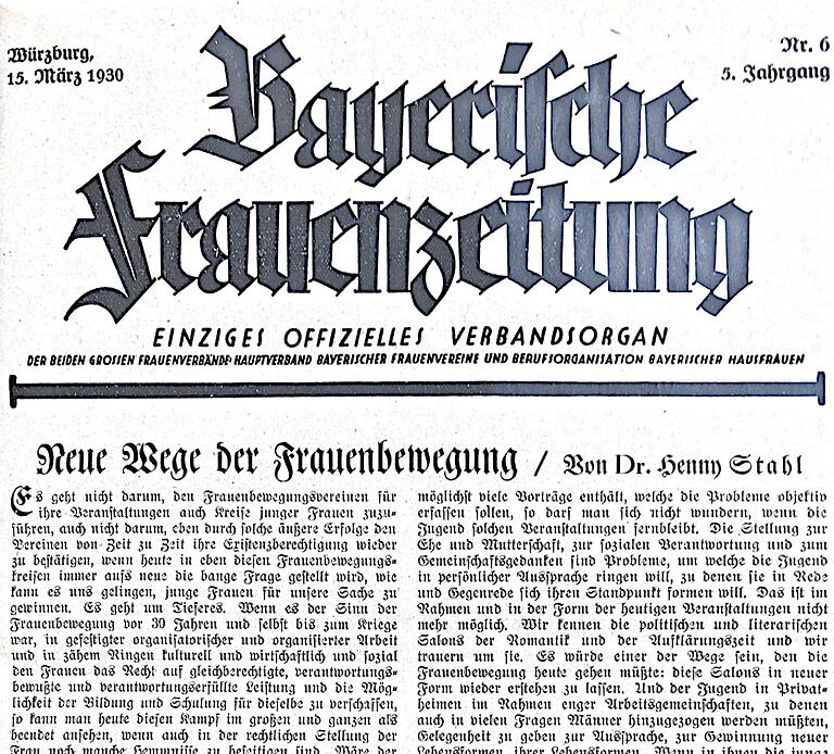 Eine Titelseite der 'Bayerischen Frauenzeitung' aus dem März 1930 mit einem Leitartikel von Johanna ('Henny') Stahl zur Frauenbewegung (Ausschnitt).