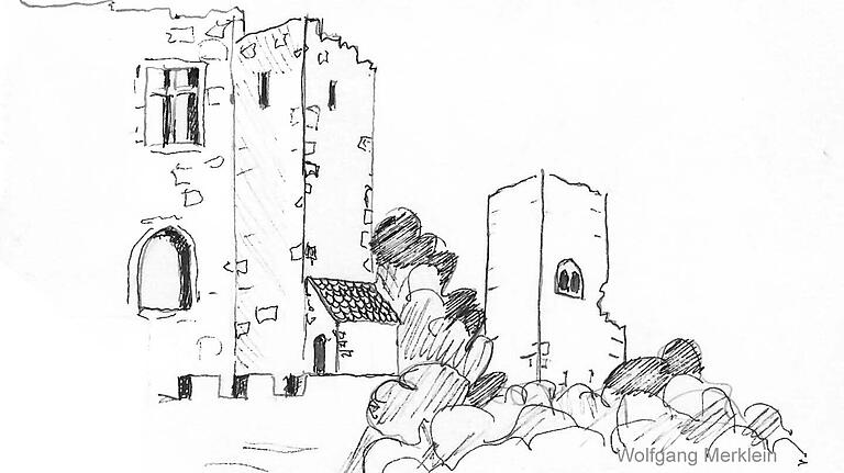 Die Ostseite der Karlsburg mit den Turmruinen. Wolfgang Merklein hat dies nach einer Zeichnung von F. Hein 1879 gemalt. Die Ostseite der Karlsburg mit den Turmruinen. Wolfgang Merklein hat dies nach einer Zeichnung von F. Hein 1879 gemalt. 