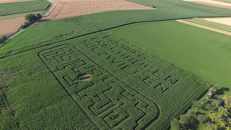 Das Maisfeld mit seinem Schriftzug und Labyrinth von oben. Das Maisfeld mit seinem Schriftzug und Labyrinth von oben.