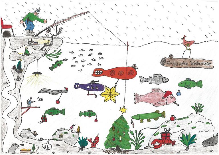 Richtig viel los im Wasser zum Fest und der Krebs bringt auch Geschenke: Die anderen Weihnachten, wie sie Julius Kräml (12) aus Güntersleben interpretiert.