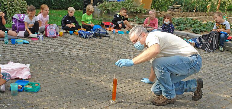 Unter Anleitung von Familie Bamberger kamen die Grundschüler aus Oberlauda dem Thema Apfelernte näher.