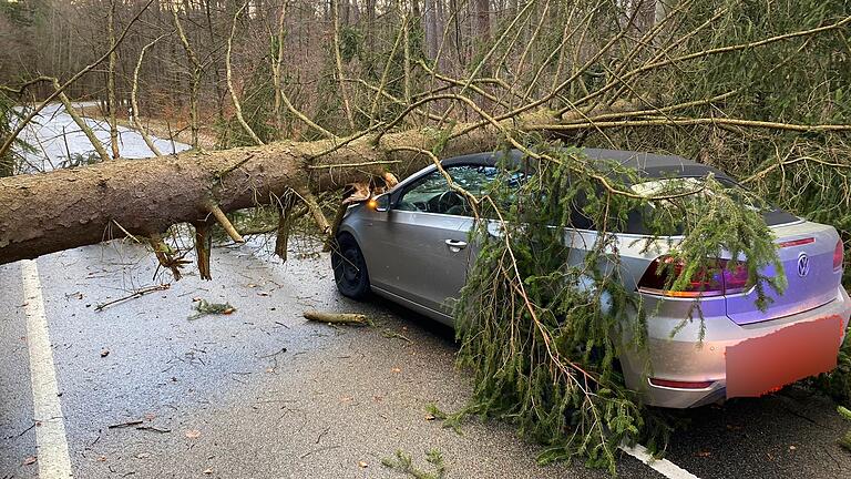 Sturmschäden im Februar 2022: Zwischen Dankenfeld und Hummelmarter konnte eine Frau ihr Auto vor einem umgestürzten Baum nicht mehr rechtzeitig bremsen. Es blieb bei einem Blechschaden.