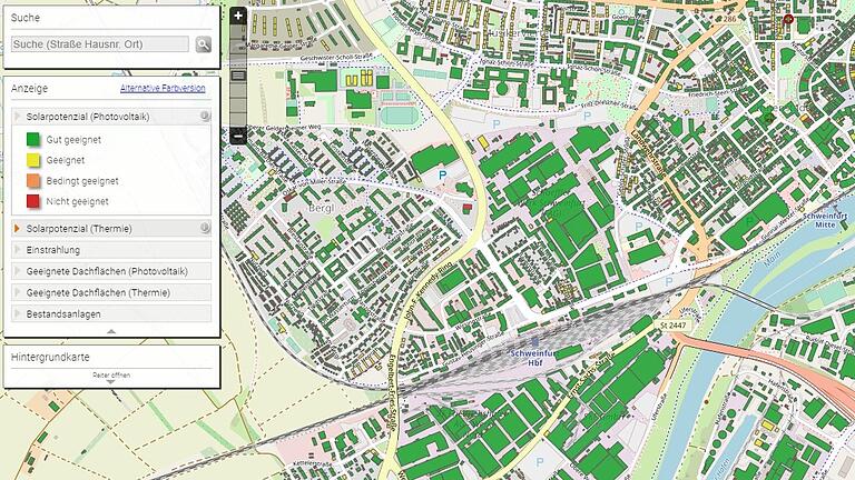 Das Solarpotenzialkataster der Stadt zeigt grün, wo es geeignete Flächen für Photovoltaikanlagen gibt.