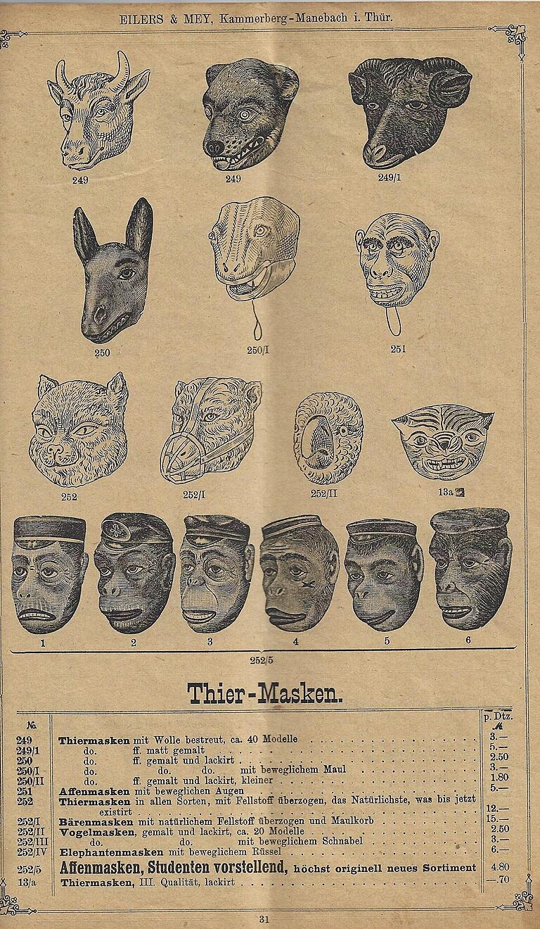 'Thier-Masken', aus dem Versandangebot eines Thüringer Geschäftes; gefunden im Göpfertfundus in Lohr. 'Thier-Masken', aus dem Versandangebot eines Thüringer Geschäftes; gefunden im Göpfertfundus in Lohr.