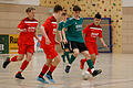 Die JFG Maindreieck Süd hat sich als Bezirksmeister in Waigolshausen für die bayerische Hallen-Meisterschaft der U-19-Junioren qualifiziert (von links): Louis Fürst, Moritz Borchardt und Lumi Salihi von der JFG Maindreieck Süd bedrängen Lucio Montedoro vom SV Kürnach am Ball.