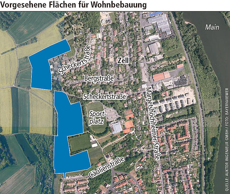 Die blau markierten Flächen sind im geänderten Flächennutzungsplan als Wohnbauflächen vorgesehen. Dagegen gibt es in Zell reichlich Protest. Die blau markierten Flächen sind im geänderten Flächennutzungsplan als Wohnbauflächen vorgesehen. Dagegen gibt es in Zell reichlich Protest. 