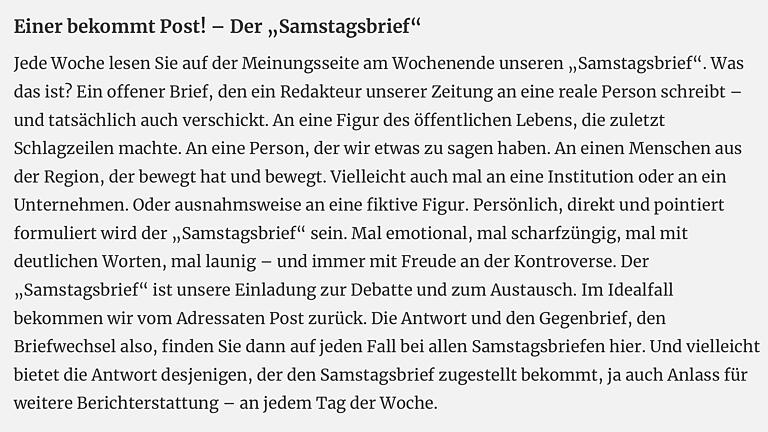 Samstagsbrief       -  Die konzeptionelle Erklärung für den Samstagsbrief, die nur auf mainpost.de ständig beigefügt ist...