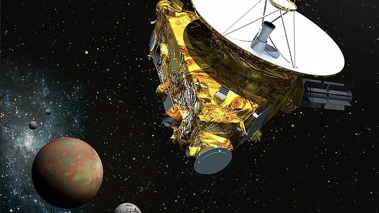 Raumsonde New Horizon vor Pluto       -  Begegnung im All: Diese Darstellung zeigt, wie sich die Raumsonde 'New Horizons' dem Pluto und seinen Monden nähert.