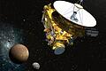 Raumsonde New Horizon vor Pluto       -  Begegnung im All: Diese Darstellung zeigt, wie sich die Raumsonde &bdquo;New Horizons&ldquo; dem Pluto und seinen Monden nähert.