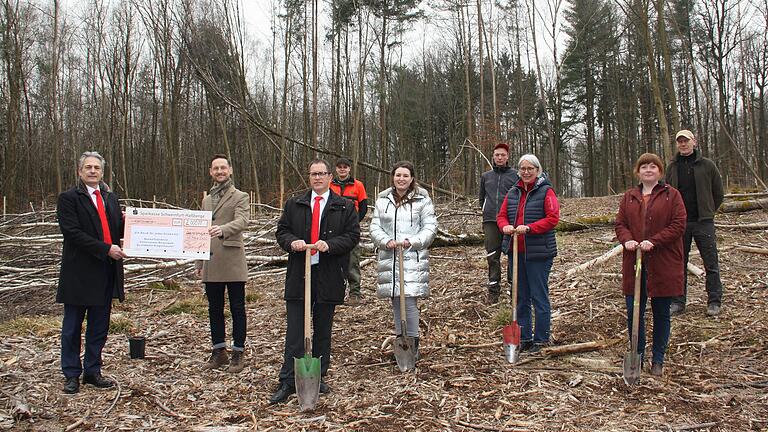 Die Sparkasse Schweinfurt-Haßberge unterstützt die zusammen mit den Schulkindern durchgeführte Aufforstung im im Gemeinsamen Bürgerwald Gerolzhofen-Dingolshausen mit einer Spende von 2000 Euro. Das Bild zeigt (von links) Peter Schleich, den Vorstandsvorsitzenden der Sparkasse Schweinfurt-Haßberge, Gerolzhofens Bürgermeister Thorsten Wozniak, den Leiter der Sparkassenfiliale in Gerolzhofen, Andreas Eisenhauer, Forstmeister Christian Lindner, Dingolshausens Bürgermeisterin Nicole Weissenseel-Brendler, Forstwirt Patrick Ruß, die Lehrerinnen Kerstin Pieper und Katrin Weißschnur sowie den Gerolzhöfer Stadtförster Jochen Schenk. Die Sparkasse Schweinfurt-Haßberge unterstützt die zusammen mit den Schulkindern durchgeführte Aufforstung im im Gemeinsamen Bürgerwald Gerolzhofen-Dingolshausen mit einer Spende von 2000 Euro. Das Bild zeigt (von links) Peter Schleich, den Vorstandsvorsitzenden der Sparkasse Schweinfurt-Haßberge, Gerolzhofens Bürgermeister Thorsten Wozniak, den Leiter der Sparkassenfiliale in Gerolzhofen, Andreas Eisenhauer, Forstmeister Christian Lindner, Dingolshausens Bürgermeisterin Nicole Weissenseel-Brendler, Forstwirt Patrick Ruß, die Lehrerinnen Kerstin Pieper und Katrin Weißschnur sowie den Gerolzhöfer Stadtförster Jochen Schenk.