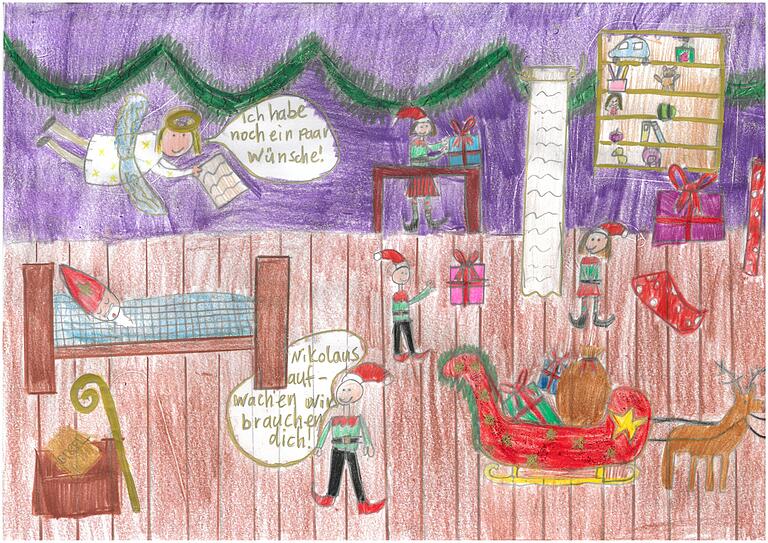 Die Geschenkewerkstatt des Nikolaus gemalt von Helena Graf (9) aus Waldbrunn. Die Geschenkewerkstatt des Nikolaus gemalt von Helena Graf (9) aus Waldbrunn.