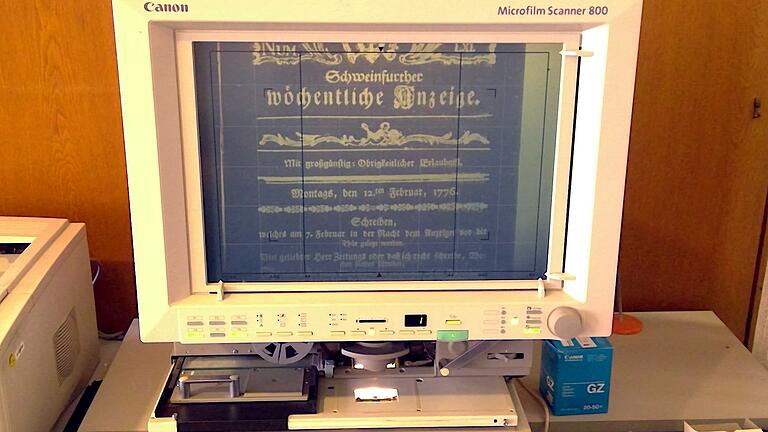 Die erste Zeitung in Schweinfurt, die Schweinfurter wöchentliche Anzeige vom ersten Januar 1776, in digitaler Form. Die erste Zeitung in Schweinfurt, die Schweinfurter wöchentliche Anzeige vom ersten Januar 1776, in digitaler Form.