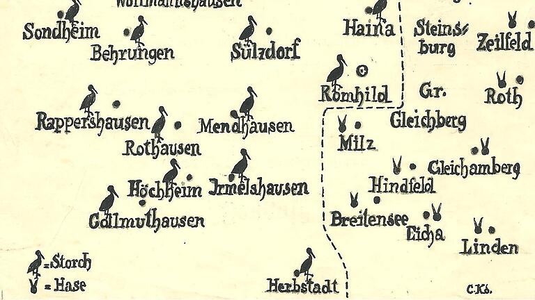 Aufschlussreich: In einer Karte hat der Römhilder Carl Kade vor über 100 Jahren die Ortschaften aufgelistet, in welchen damals der Osterhase und in welchen der Storch kam.