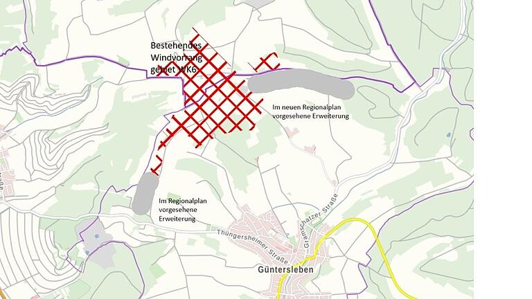 Die vier Windräder auf Günterslebener Gemarkung sollen höheren Anlagen weichen. Gleichzeitig wächst das Vorranggebiet WK 6 voraussichtlich nach Westen und Osten.