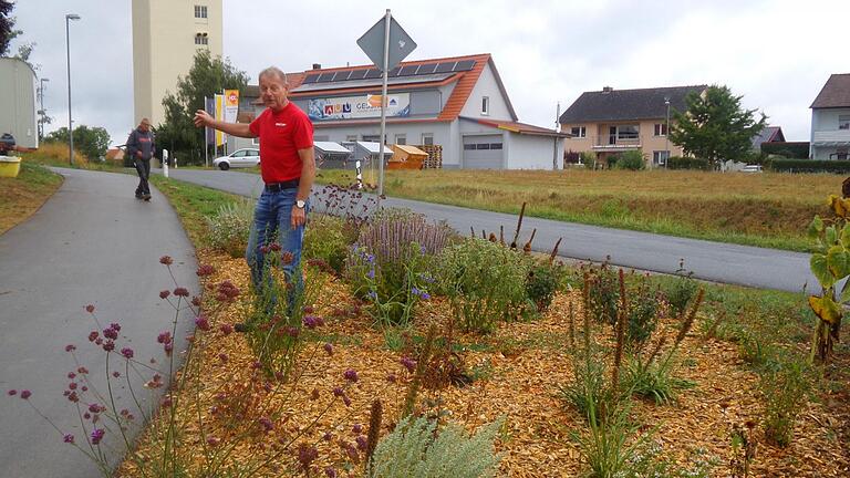 Von der mit Blumen geschmückten östlichen Einfahrt von Riedenheim führt der Weg, den Bürgermeister Edwin Fries weist, auf den wenige Meter entfernt liegenden Erholungsplatz. Von der mit Blumen geschmückten östlichen Einfahrt von Riedenheim führt der Weg, den Bürgermeister Edwin Fries weist, auf den wenige Meter entfernt liegenden Erholungsplatz.