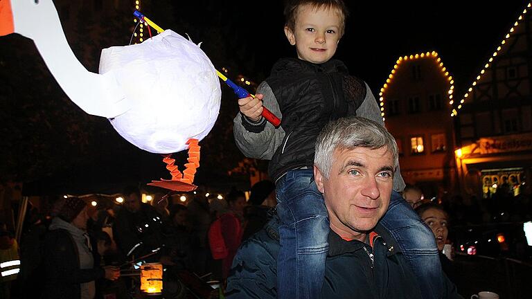 Viele fantasievolle Laternen waren am Montag auf dem Gerolzhöfer Marktplatz zu sehen. Dieser Junge hat sein Licht in eine Martinsgans gestellt.