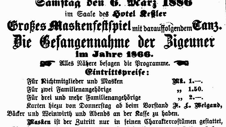 Inserat im &bdquo;Lohrer Anzeiger&ldquo; anno 1866 zu einem humoristischen Theaterstücke mit dem Thema &bdquo;Gefangennahme der Zigeuner&ldquo;.