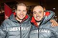 Rueckkehr von Team Deutschland - Olympische Winterspiele 2018 in Pyeongchang       -  Ein Strahlen bekamen sie doch noch zusammen: Johannes Lochner (links) und Christian Rasp, enttäuschte Bobfahrer.