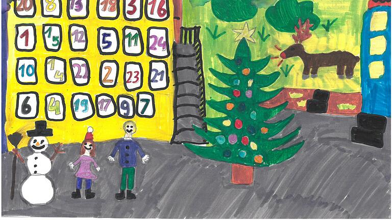 Malwettbvewerb Himmelstadt 2017       -  Malwettbewerb Himmelstadt 2017: Lenia Böhm, 9 Jahre, aus Püssensheim hat auf ihrem Kunstwerk den Adventskalender in den Fenstern des Feuerwehrhauses gemalt.