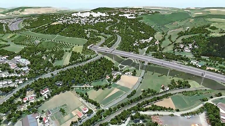 Die sechsspurig ausgebaute A3 bei Würzburg mit der neuen Heidingsfelder Talbrücke. So soll die Autobahn nach Abschluss aller Arbeiten einmal aussehen. Visualisierung: ABDNB Die sechsspurig ausgebaute A3 bei Würzburg mit der neuen Heidingsfelder Talbrücke. So soll die Autobahn nach Abschluss aller Arbeiten einmal aussehen. Visualisierung: ABDNB