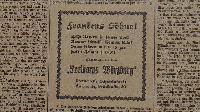 Werbeanzeige des 'Freikorps Würzburg' im Schweinfurter Tagblatt Werbeanzeige des 'Freikorps Würzburg' im Schweinfurter Tagblatt