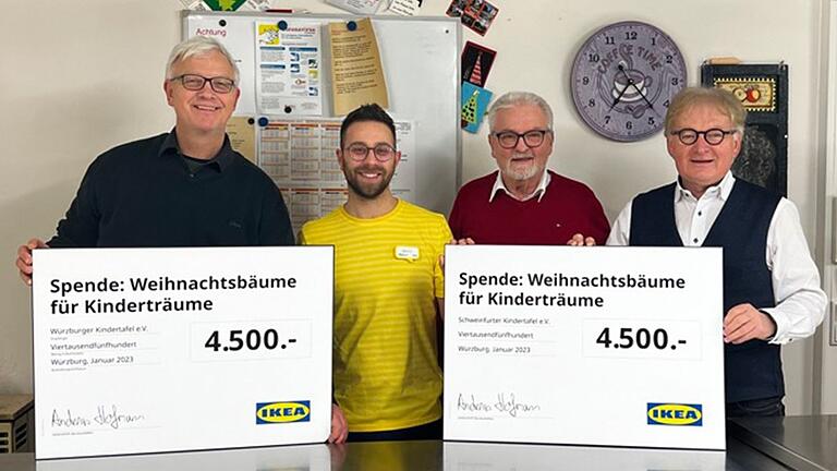 Spende für die Kindertafeln (von links): Hans-Berthold Wiegand (Schatzmeister Würzburger Kindertafel e.V.), Marco Gentile (Local Marketing Leader Ikea Würzburg), Norbert Heinelt (Schriftführer Schweinfurter Kindertafel e.V.) und Stefan Labus (Vorsitzender Schweinfurter Kindertafel e.V.).