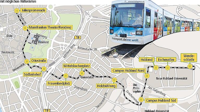 Würzburgs Hochschulen setzen auf neue Straßenbahnlinie - Die Grafik zeigt den geplanten Trassenverlauf vom Barbarossaplatz bis zum neuen Uni-Campus Nord. Würzburgs Hochschulen setzen auf neue Straßenbahnlinie - Die Grafik zeigt den geplanten Trassenverlauf vom Barbarossaplatz bis zum neuen Uni-Campus Nord.