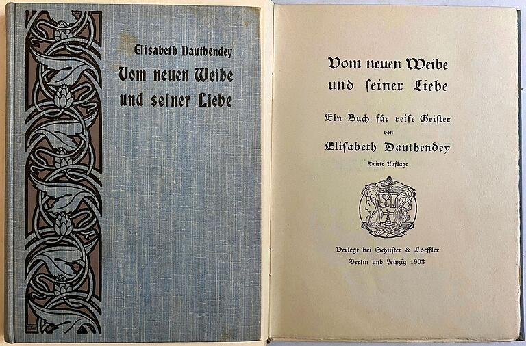 Einband und Titelblatt des Buches "Vom neuen Weibe und seiner Liebe" von Elisabeth Dauthendey, hier in der dritten Auflage von 1908. Einband und Titelblatt des Buches "Vom neuen Weibe und seiner Liebe" von Elisabeth Dauthendey, hier in der dritten Auflage von 1908.