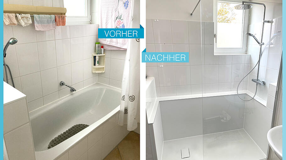 Seniorengerechte Dusche - Vor der Sanierung tun sich Senioren oft schwer, in ihre Badewanne einzusteigen. Nachdem die alte Badewanne durch eine seniorengerechte Dusche ersetzt wurde, ist der Einstieg bequem möglich. Seniorengerechte Dusche - Vor der Sanierung tun sich Senioren oft schwer, in ihre Badewanne einzusteigen. Nachdem die alte Badewanne durch eine seniorengerechte Dusche ersetzt wurde, ist der Einstieg bequem möglich.
