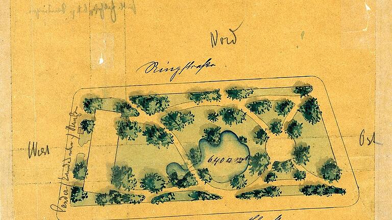 Früher Entwurf Lindahls von 1885 für den Sander-Ringpark mit einem umstrittenen See zwischen Sanderstraße und Main.