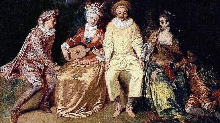 Watteaus frühes Gemälde &bdquo;Der zufrieden Pierrot&ldquo; hat in der Komposition eine deutliche Ähnlichkeit zu einem Tapetenbild im Festsaal des Franck-Hauses.