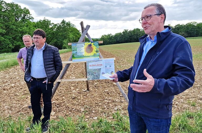 Bürgermeister Jürgen Götz erläuterte, dass die Gemeinde Landwirten, die durch die Anlage von mindestens 1000 Quadratmeter großen Blühstreifen zur Sicherung der Artenvielfalt beitragen, einen Zuschuss gewährt. Bürgermeister Jürgen Götz erläuterte, dass die Gemeinde Landwirten, die durch die Anlage von mindestens 1000 Quadratmeter großen Blühstreifen zur Sicherung der Artenvielfalt beitragen, einen Zuschuss gewährt. 