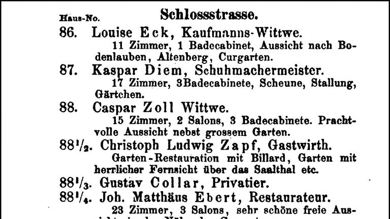 In der Schlossstrasse vermieteten die meisten Hausbesitzer Zimmer an Kurgäste. Kaufmanns-Wittwe Louise Eck zum Beispiel (ganz oben) hatte elf Zimmer und ein Bade-Cabinet.  Quelle: Google-Books/Repro: Britz       -  In der Schlossstrasse vermieteten die meisten Hausbesitzer Zimmer an Kurgäste. Kaufmanns-Wittwe Louise Eck zum Beispiel (ganz oben) hatte elf Zimmer und ein Bade-Cabinet.  Quelle: Google-Books/Repro: Britz