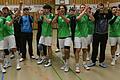 Meister der Bezirksoberliga: Die Handballer der DJK Waldbüttelbrunn II (mit vorne von links Lukas Grimmer, Malte See, Janis Kestedi, Max Martin, Julian Hohmann, Jonathan Hansen, Mark Schöler und Lukas Lutz) feiern nach ihrem 36:30-Sieg bei der HSG Volkach den Titelgewinn.