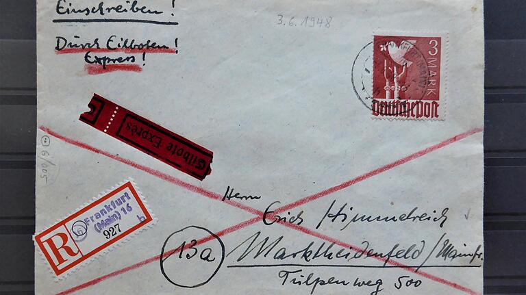 Der Einschreibe- und Eilbrief nach Marktheidenfeld vom 3. Juni 1948 wäre heute mit der Adresse 'Tulpenweg 500' unzustellbar. Der Einschreibe- und Eilbrief nach Marktheidenfeld vom 3. Juni 1948 wäre heute mit der Adresse 'Tulpenweg 500' unzustellbar.