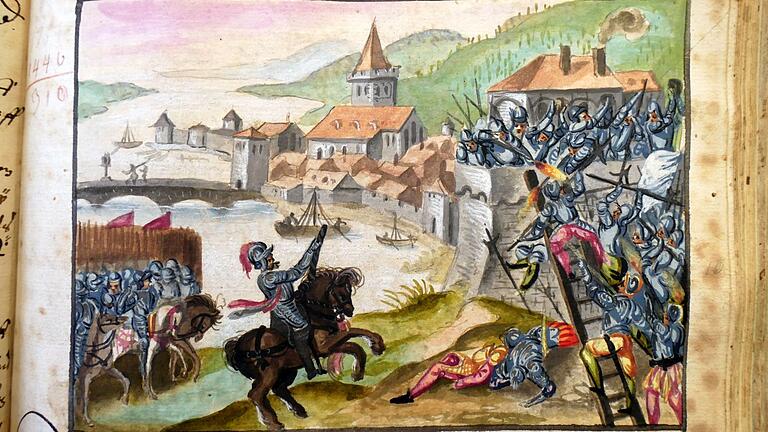 Unter der Last der Angreifer brechen die Leitern. Markgraf Albrecht Achilles gelingt nicht in die Stadt (Illustration aus der Ganzhorn-Chronik, Staatsarchiv Würzburg)