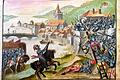 Unter der Last der Angreifer brechen die Leitern. Markgraf Albrecht Achilles gelingt nicht in die Stadt (Illustration aus der Ganzhorn-Chronik, Staatsarchiv Würzburg)