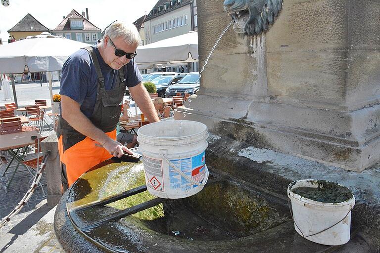 Richtig schrubben muss Michael Zirkelbach am Marktbärbelbrunnen in Bad Neustadt, um den grünen Algen-und Moosbefall zu entfernen.