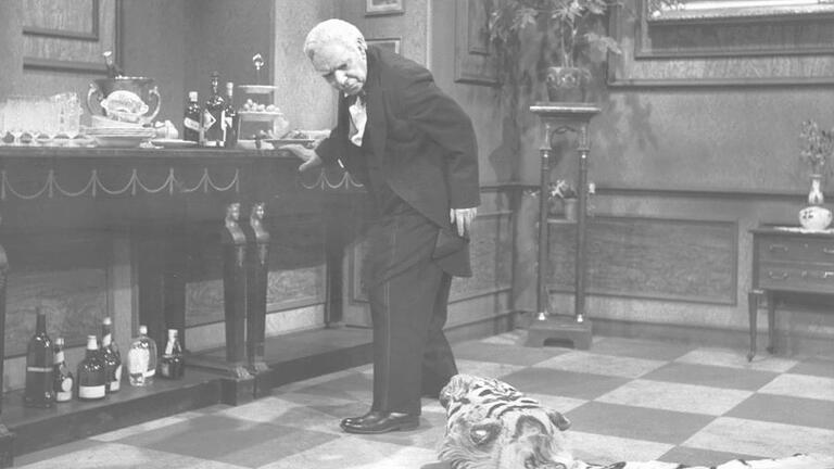 Dinner for one Sturzprophylaxe       -  Butler James, gespielt von Freddie Frinton, schaut mißbilligend zu dem auf dem Boden liegenden Tigerfell, das eine ständige Stolperfalle auf dem Weg von und zur Anrichte ist. Der Sketch Der neunzigste Geburtstag oder Dinner for one hat sich seit der Erstsendung am 8. März 1963 im deutschen Fernsehen fest etabliert und ist seit Jahren ein Silvester-Standard in den Dritten Programmen undatiertes Szenenfoto.  Foto: NDR dpa/lno zu dpa-Korr Fernsehen zum Jahreswechsel vom 26.12. +++c dpa - Bildfunk+++
